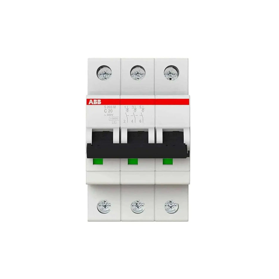 ABB S203M-C20 3-pole Type C miniature circuit breaker, white with red branding, 20A UAE