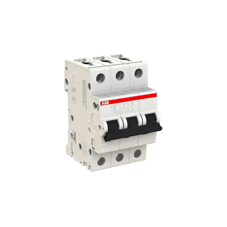 ABB S203M-C20 3-pole miniature circuit breaker, Type C, 20A, white body with red ABB stripe and black toggles UAE
