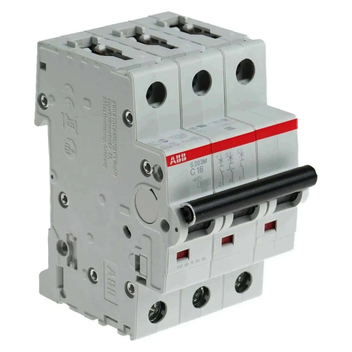 ABB S203M-C16 3-pole miniature circuit breaker, 16A 10kA, red ABB stripe, black toggle, front view UAE