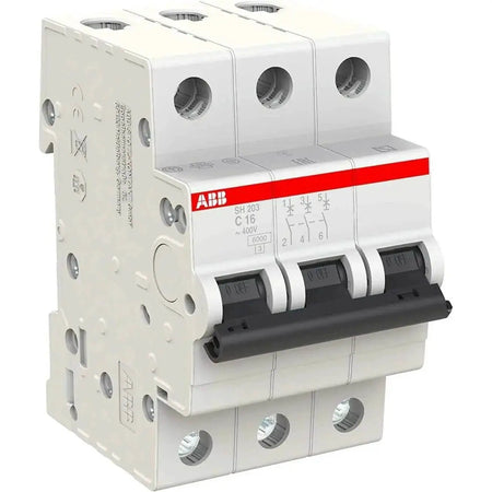 ABB SH203-C16 3-pole miniature circuit breaker, white with red ABB band, 16A, 6kA, front view UAE
