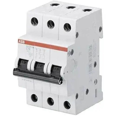 ABB SH203M-C32 three-pole miniature circuit breaker, 32A, 10kA, white module with orange branding stripe and black toggles UA