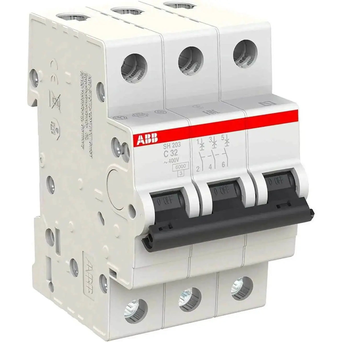 ABB SH203-C32 three-pole miniature circuit breaker, 32A, 6kA, Type C, white modular unit UAE