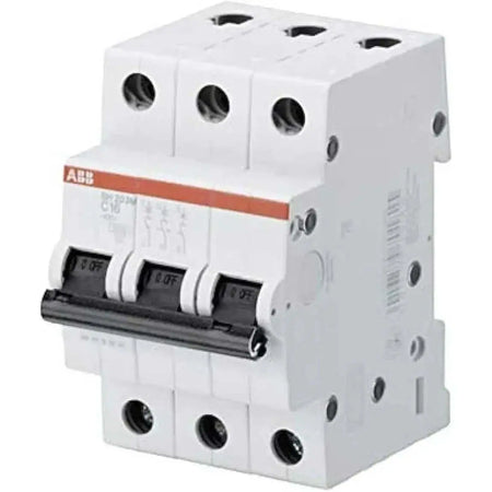 ABB SH203M-C63 three-pole miniature circuit breaker, 63A, 10kA, white with orange stripe, front view. UAE
