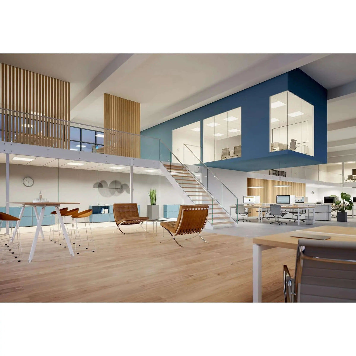 Ledvance LED backlit panel ceiling light 60x60-38W in an open-plan office with glass partitions. UAE