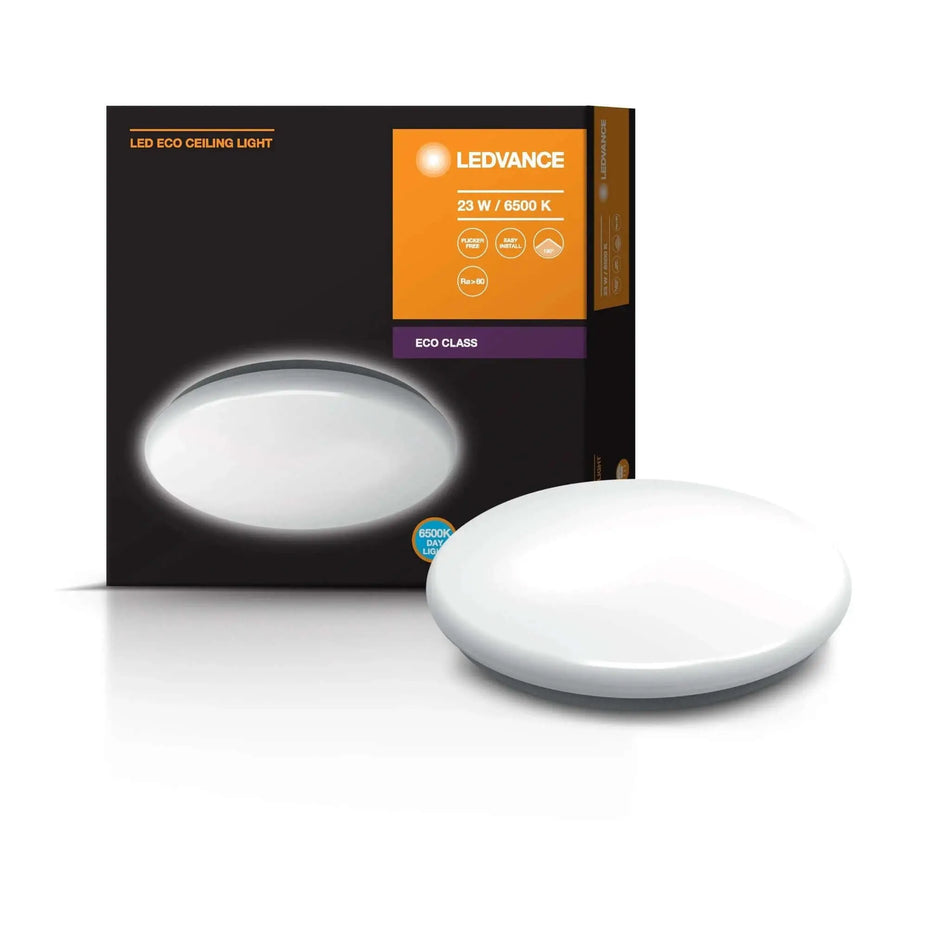 Ledvance LED Eco Circular Ceiling Light, white round fixture beside packaging showing 23 W / 6500 K UAE