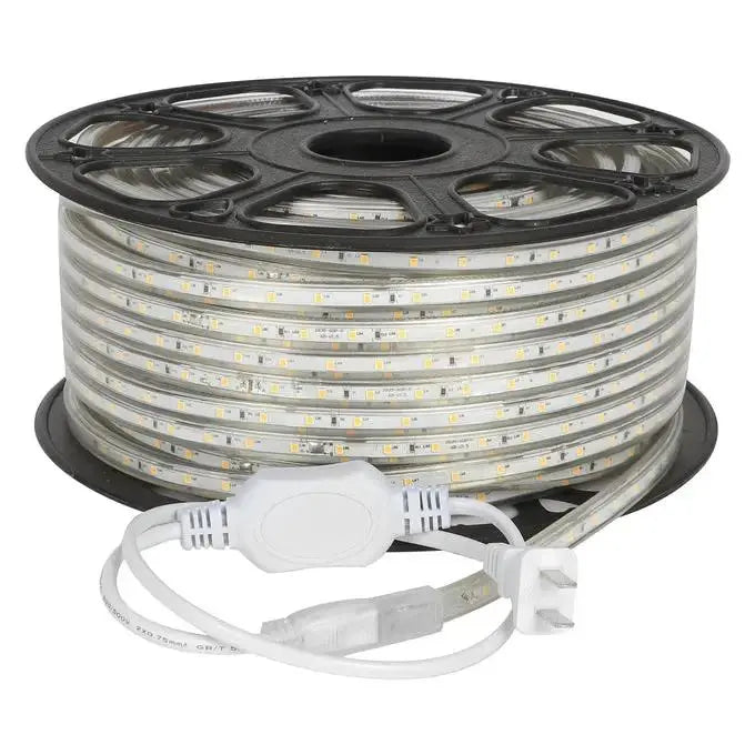 Ledvance LM HO Flex LED strip 6W/865, 220V G2 50m on reel with inline controller and mains plug, visible LED dots.