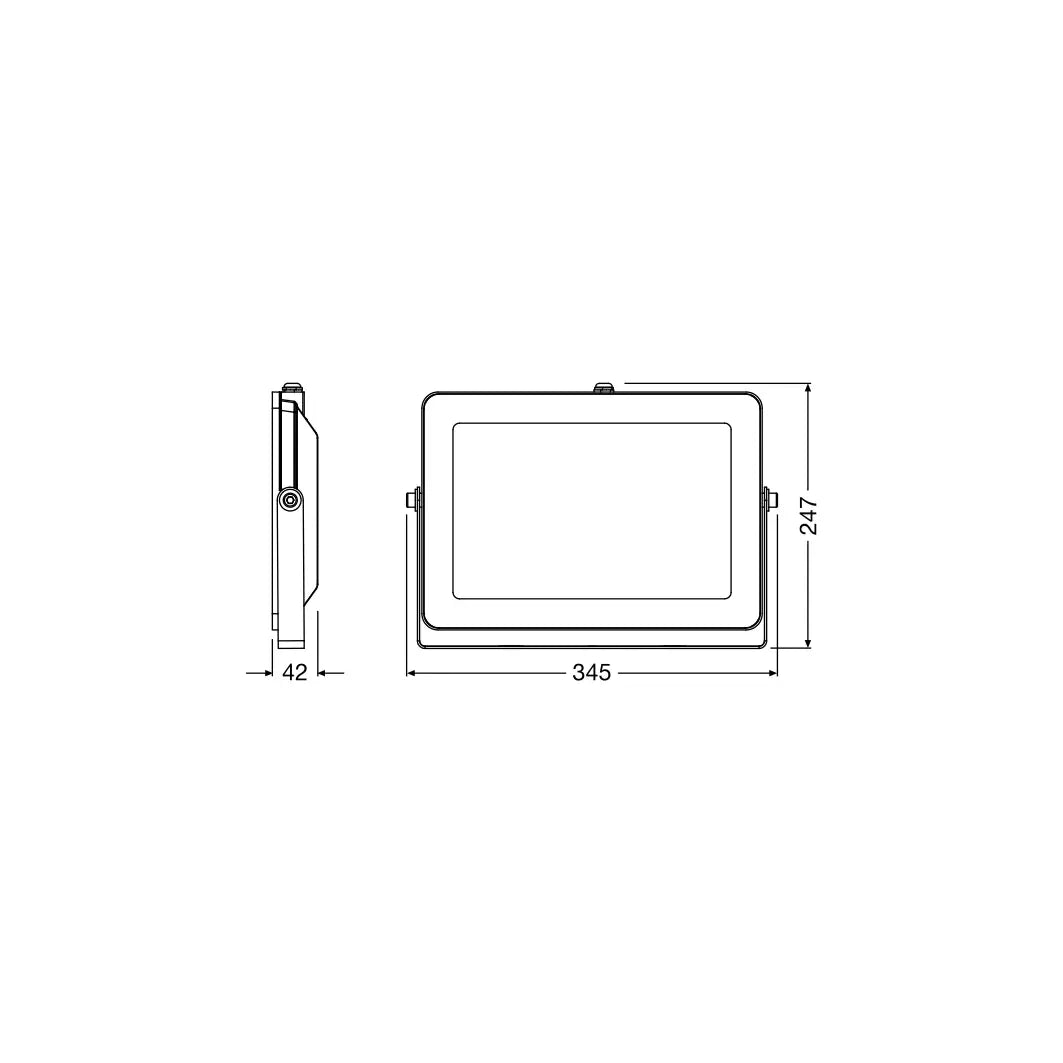 Ledvance LED ECO Lite Floodlight 150W IP65 230V, front view with dimensioned outline and side profile. UAE