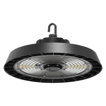 Ledvance LED Performance Highbay 200W G4 6500K, black circular LED highbay with hanging hook and LED ring.