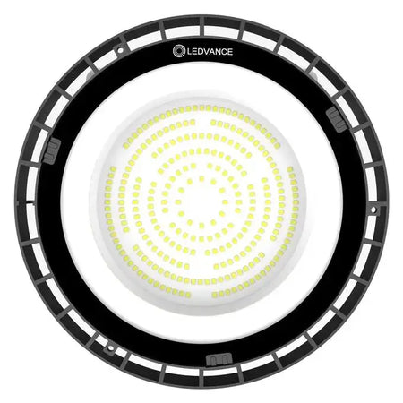 Ledvance LED Value Highbay 150W G2 6500K; circular ceiling light with black outer ring and dense white LED array.