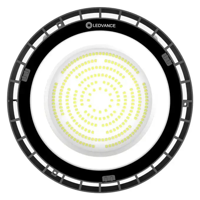 Ledvance LED Value Highbay 150W G2 6500K; circular ceiling light with black outer ring and dense white LED array.