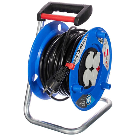 Brennenstuhl Garant cable reel, blue with four grey outlets, 16A, on a metal stand, black cord. UAE