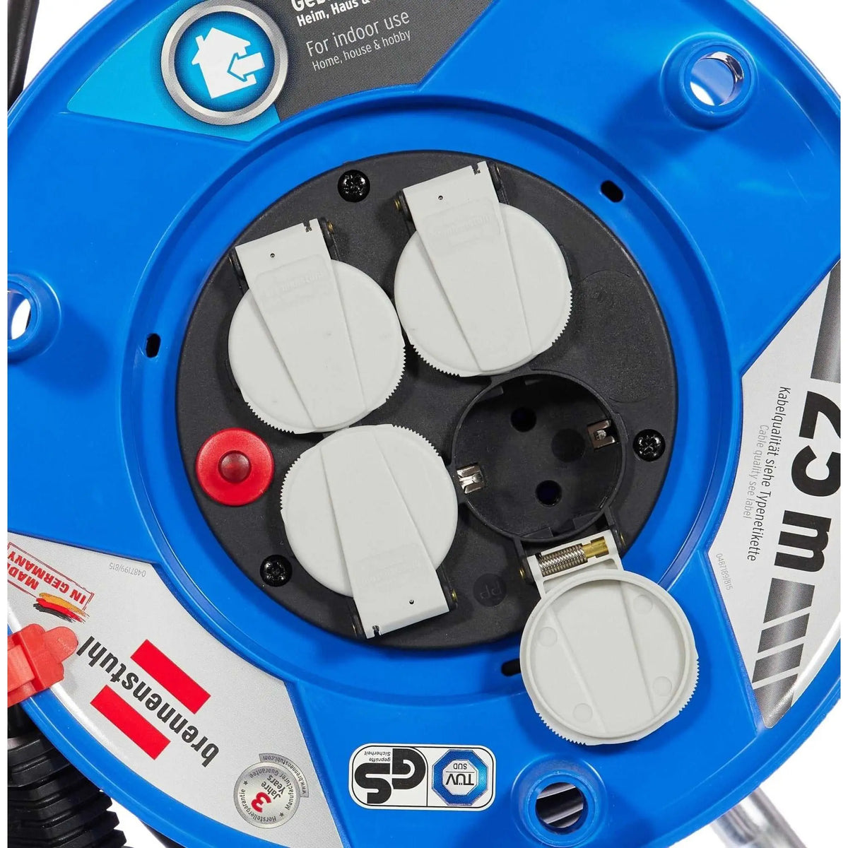 Brennenstuhl Garant blue cable reel with three white outlet caps and red reset button UAE