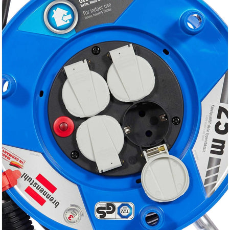 Brennenstuhl Garant blue cable reel with three white outlet caps and red reset button UAE