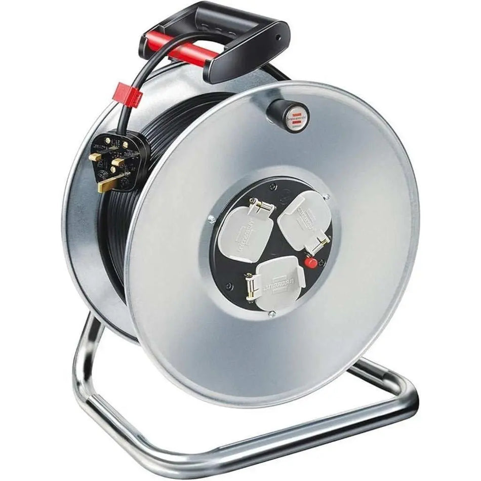 Brennenstuhl Garant Steel 13A 3-way socket cable reel, silver metal frame with black handle and three outlet sockets UAE