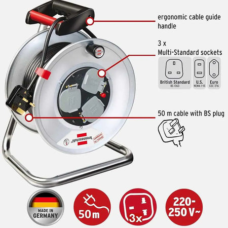 Brennenstuhl Garant Steel 13A 3-way socket cable reel with 50 m BS plug and three multi-standard sockets UAE