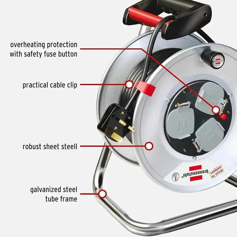 Brennenstuhl Garant Steel 13A 3-way socket Cable Reel with galvanized steel frame and red carrying handle UAE