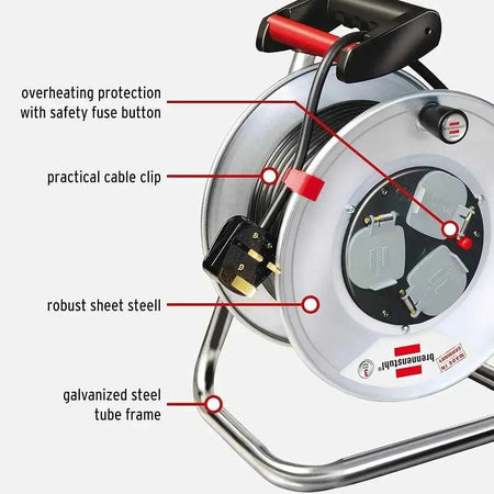 Brennenstuhl Garant Steel 13A 3-way socket Cable Reel with galvanized steel frame and red carrying handle UAE