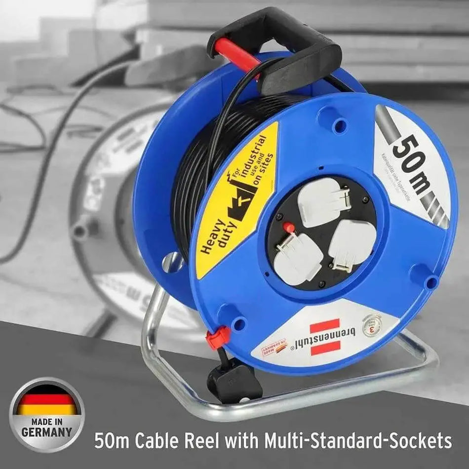 Alt Tag: Brennenstuhl PVC Garant 50 yard 3 way Extension Cable Reel 13A blue heavy-duty 50m cable reel with 3 sockets on meta