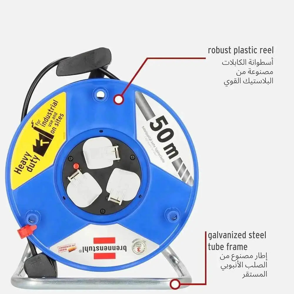 Brennenstuhl PVC Garant 50 yard 3 way Extension Cable Reel 13A heavy duty 50m cable reel with robust plastic reel and steel f