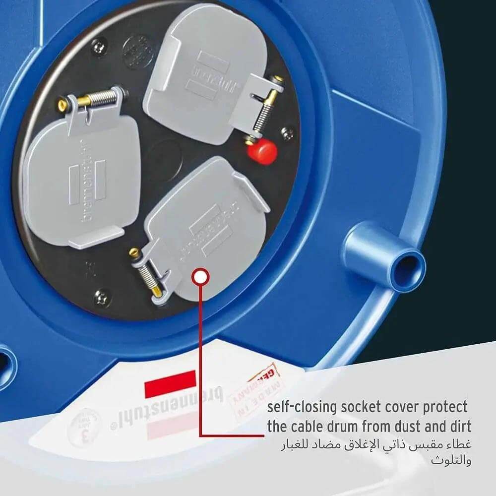 Alt Tag: Brennenstuhl PVC Garant 50 yard 3 way Extension Cable Reel 13A close-up of 3 socket outlets with self-closing covers