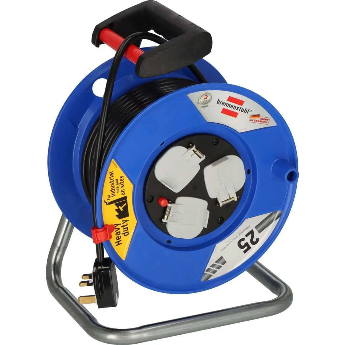 Brennenstuhl Garant 13A 3-Way cable reel, blue plastic reel on metal stand with three white socket outlets visible. UAE