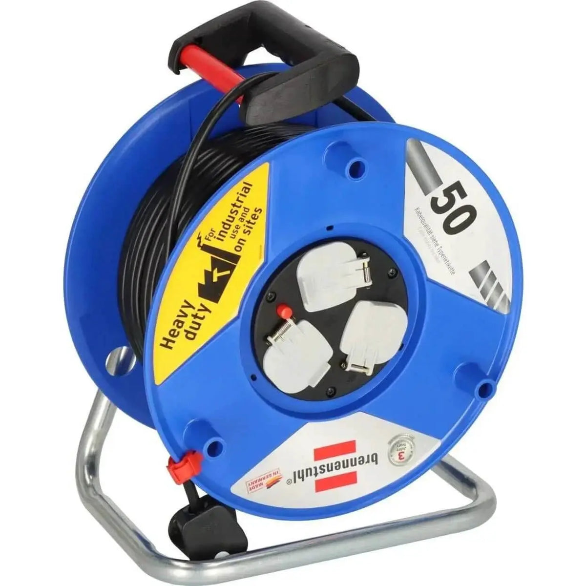Alt Tag: Brennenstuhl PVC Garant 50 yard 3 way Extension Cable Reel 13A heavy duty blue cable reel with 3 sockets UAE