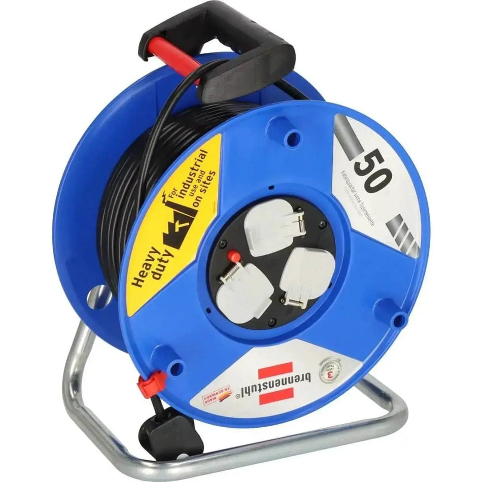 Alt Tag: Brennenstuhl PVC Garant 50 yard 3 way Extension Cable Reel 13A heavy duty blue cable reel with 3 sockets UAE