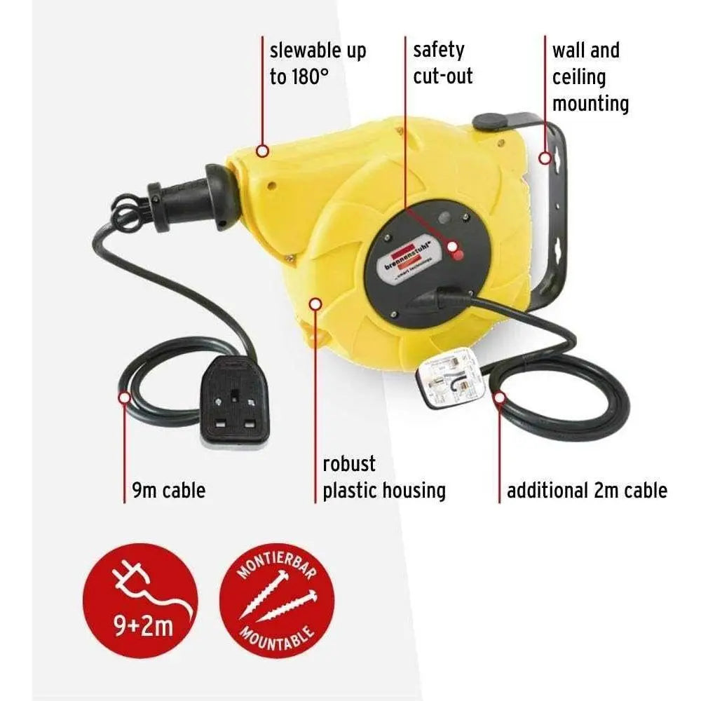 Brennenstuhl Automatic Rewind Cable Reel 9+2m H05VV-F 3G1,5, yellow plastic housing UAE