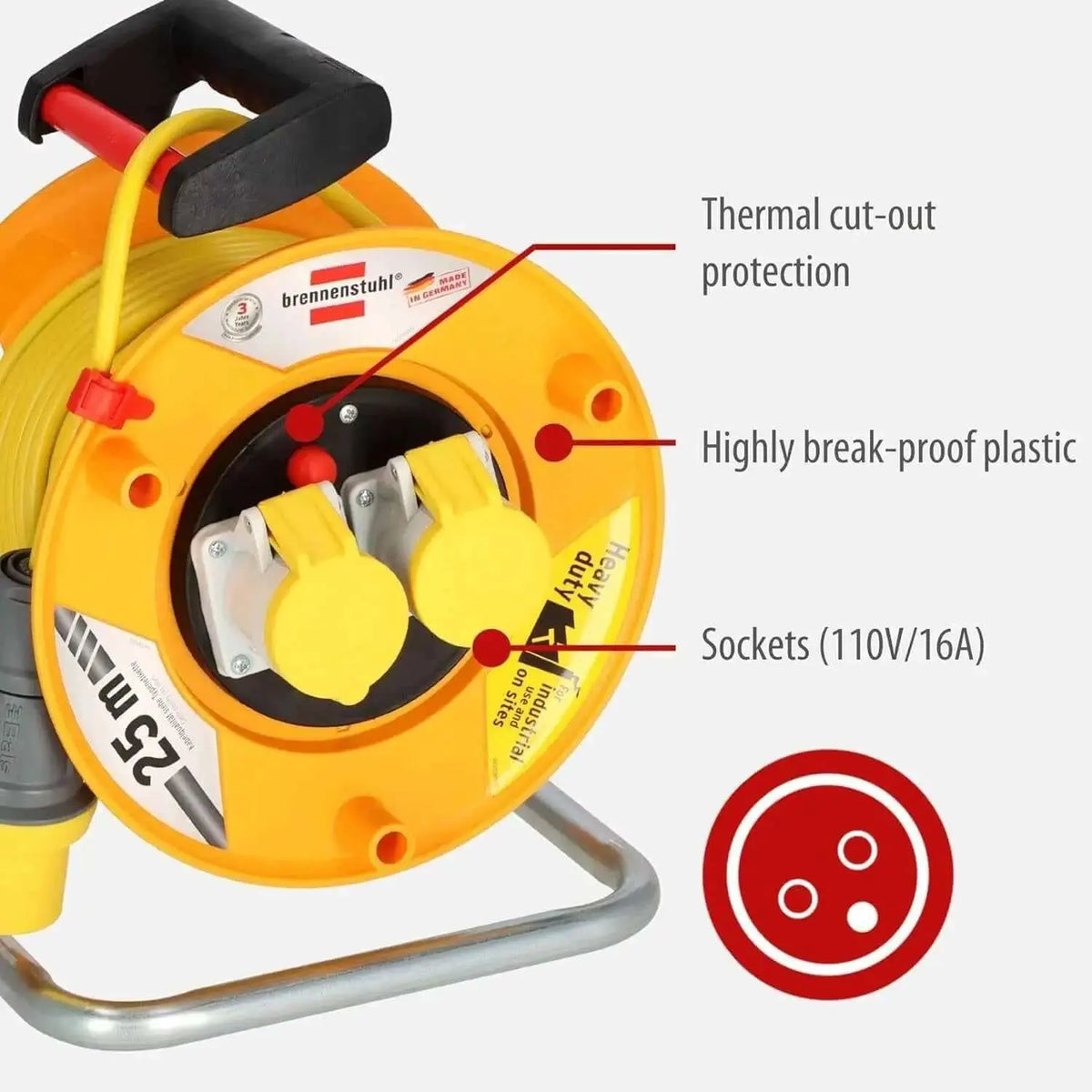 Brennenstuhl Garant 110V CEE cable reel on metal stand, yellow housing, 25m H05VV-F 3G1,5. UAE