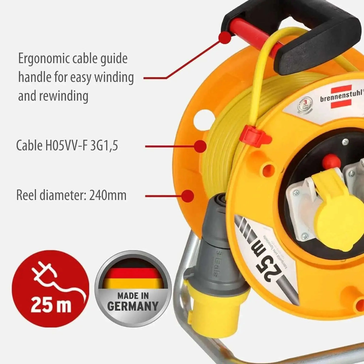 Brennenstuhl Garant 110V CEE 2-cable reel, 25 m, H05VV-F 3G1,5; yellow/orange reel with 240 mm diameter UAE