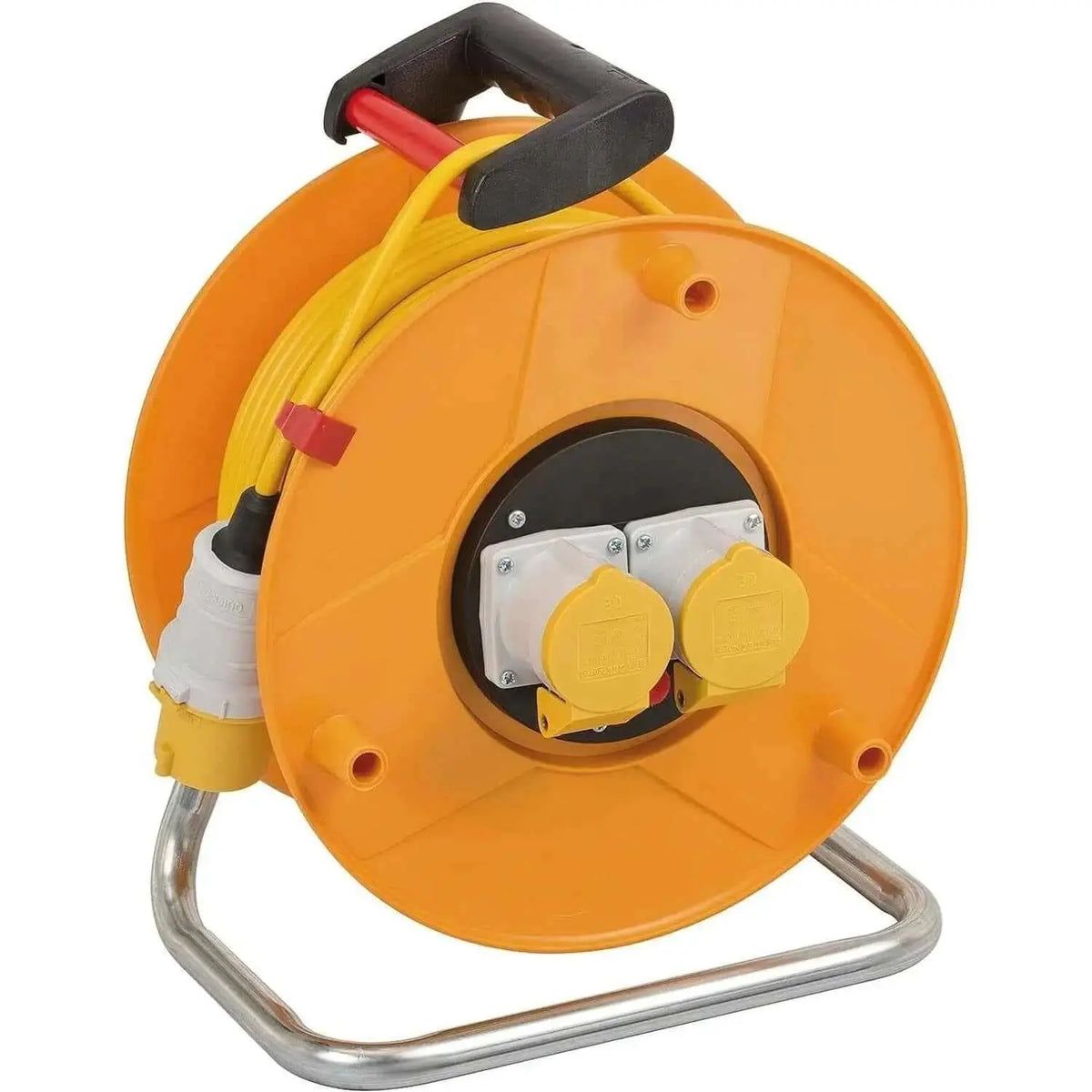 Brennenstuhl Garant 110V CEE cable reel, orange with dual yellow outlets and built-in stand, model 1138873 UAE