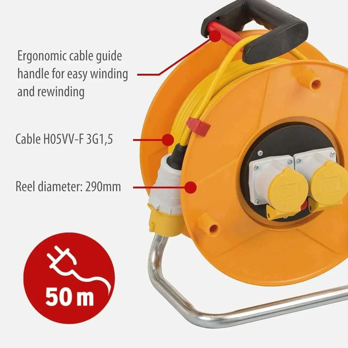 Brennenstuhl Garant 110V CEE 2 cable reel with 50 m yellow H05VV-F 3G1,5 cable, orange body, ergonomic handle UAE