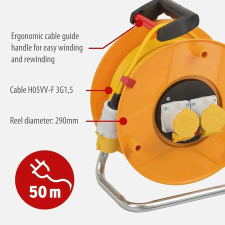 Brennenstuhl Garant 110V CEE 2 cable reel with 50 m yellow H05VV-F 3G1,5 cable, orange body, ergonomic handle UAE