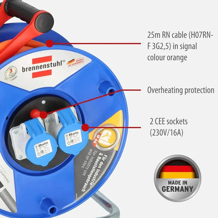 Brennenstuhl Garant 2-Socket Cable Reel IP44, blue housing, 25m orange RN cable, two blue CEE sockets UAE