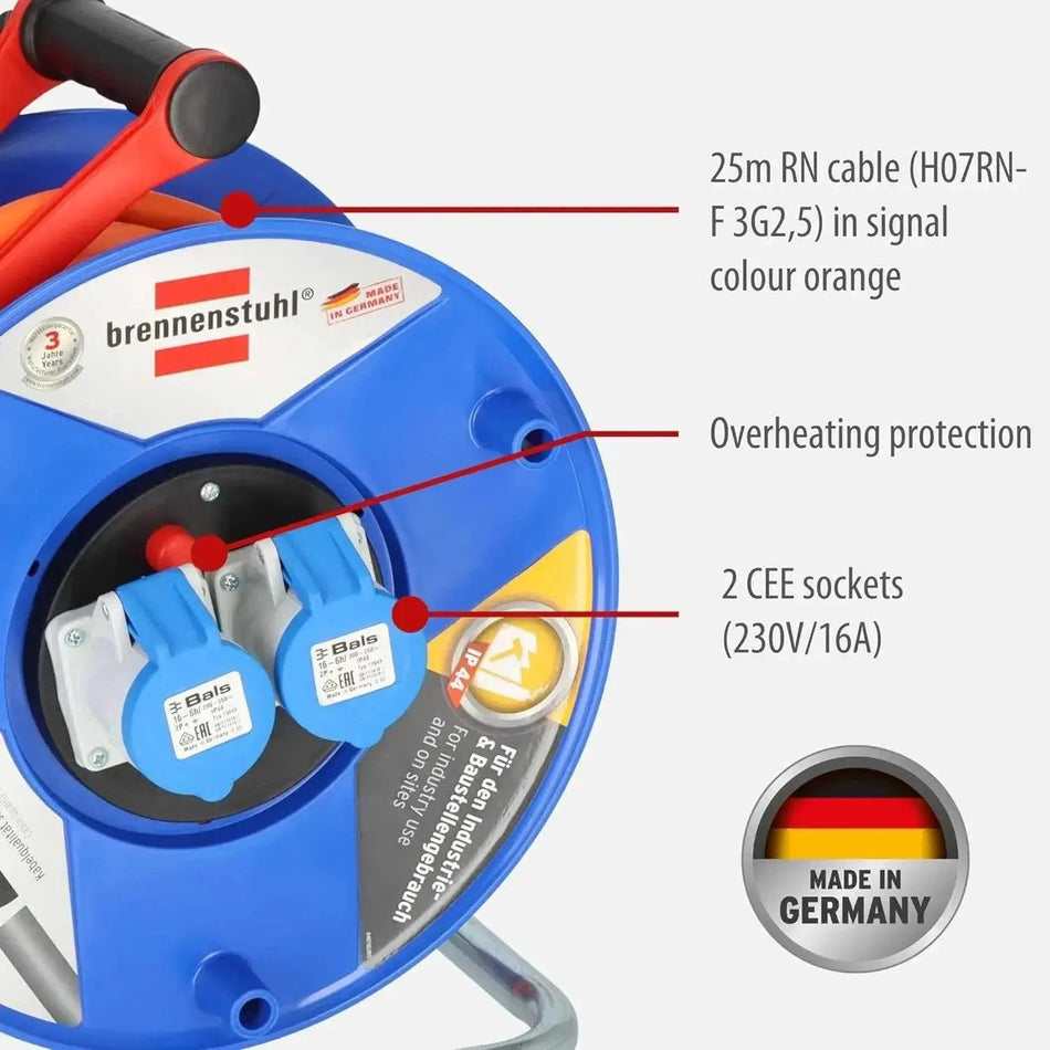 Brennenstuhl Garant 2-Socket Cable Reel IP44, blue housing, 25m orange RN cable, two blue CEE sockets UAE