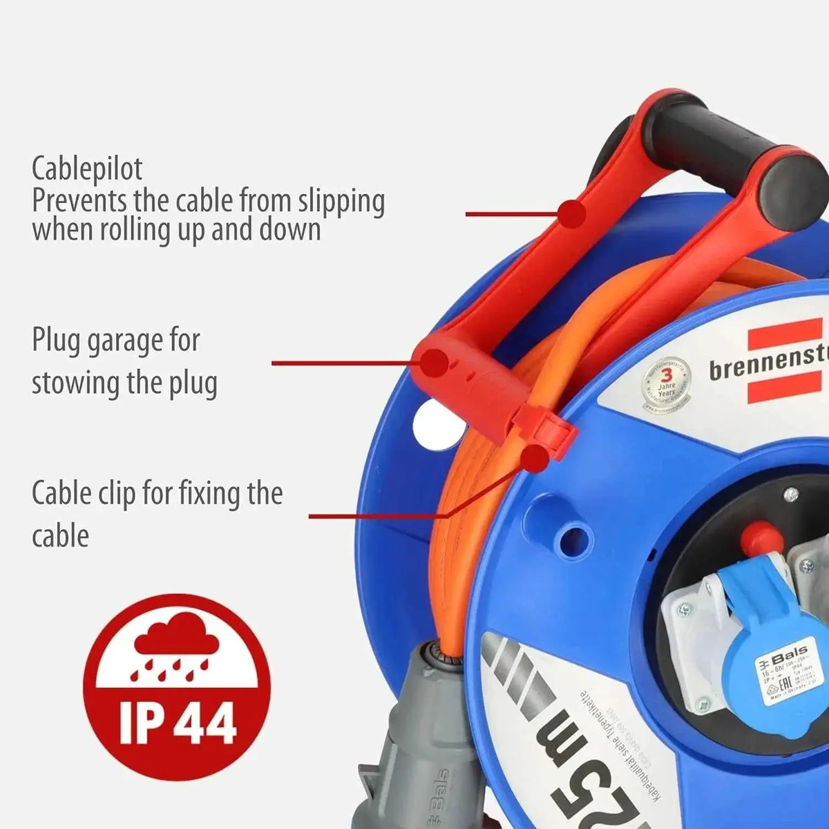 Brennenstuhl Garant 2-socket IP44 cable reel with blue housing and orange cable, 25m. UAE