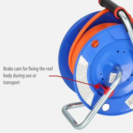 Brennenstuhl Garant blue 2-socket cable reel with 25Mtr orange cord, brake cam visible UAE