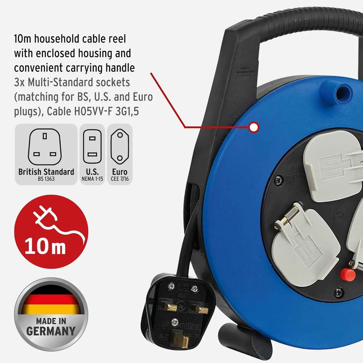 Brennenstuhl Vario Line 3-way cable reel with 10 m cord, blue housing, three multinational sockets, made in Germany. UAE