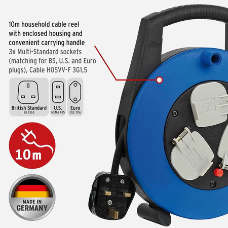 Brennenstuhl Vario Line 3-way cable reel with 10 m cord, blue housing, three multinational sockets, made in Germany. UAE
