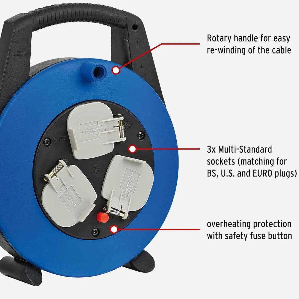 Brennenstuhl Vario Line 3-way socket reel, blue circular extension with 3 gray multistandard outlets (BS/US/EU). UAE