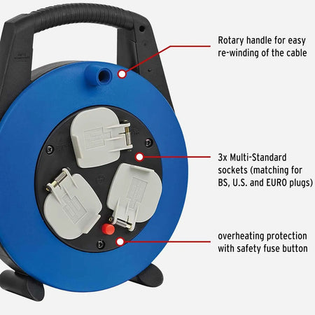 Brennenstuhl Vario Line 3-way socket reel, blue circular extension with 3 gray multistandard outlets (BS/US/EU). UAE