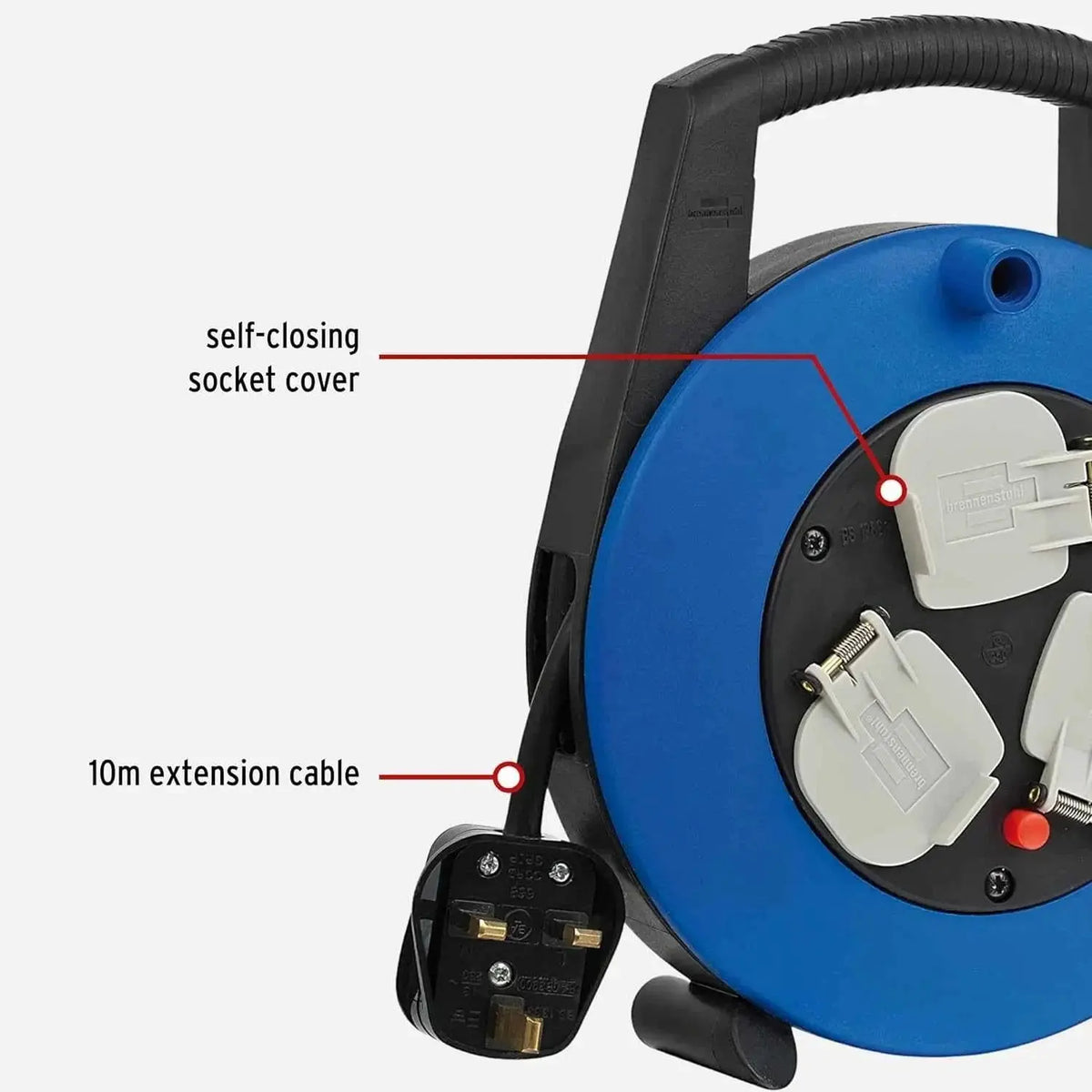 Brennenstuhl Vario Line 3-way socket reel, blue circular housing with three white outlets and a 10m extension cable. UAE