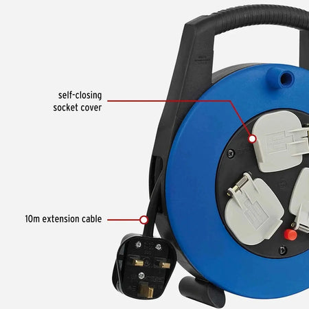 Brennenstuhl Vario Line 3-way socket reel, blue circular housing with three white outlets and a 10m extension cable. UAE