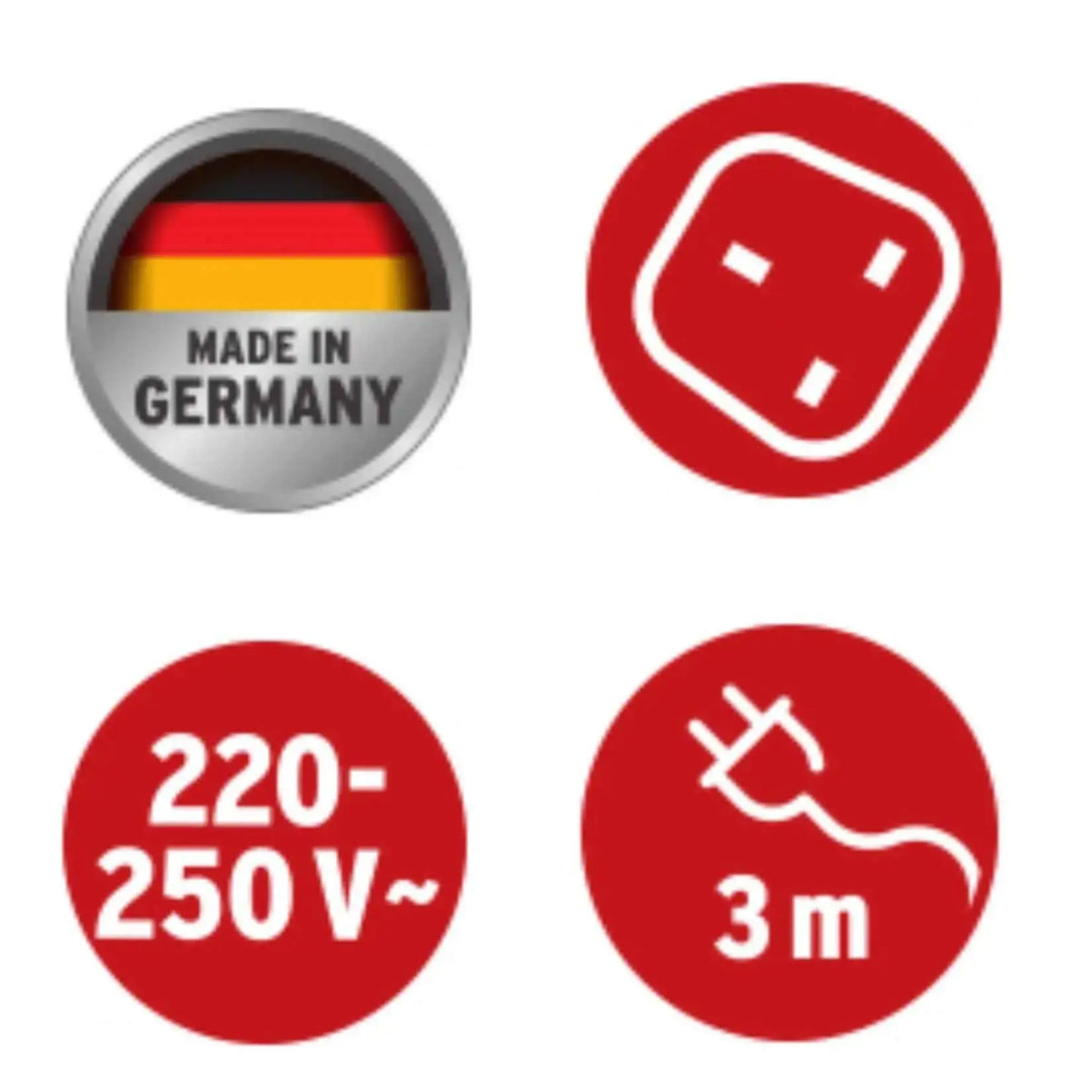 Extension cord visual: Made in Germany badge, 220-250V, 3 m length, red plug icon UAE
