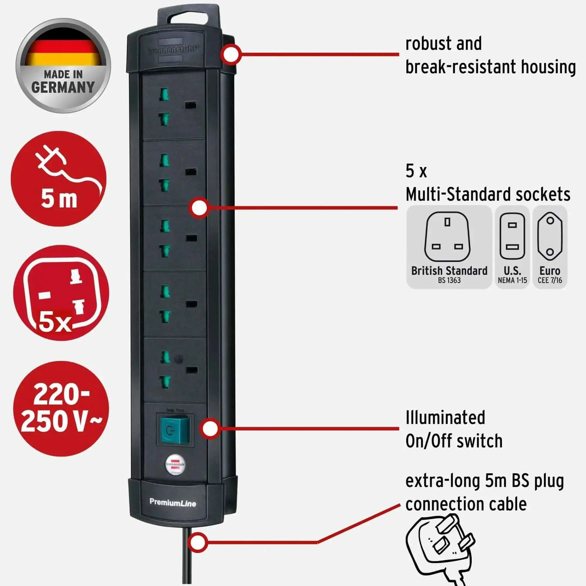 Brennenstuhl Premium-Line Multistandard 5‑way extension lead with 5 m universal cable and front on/off switch UAE