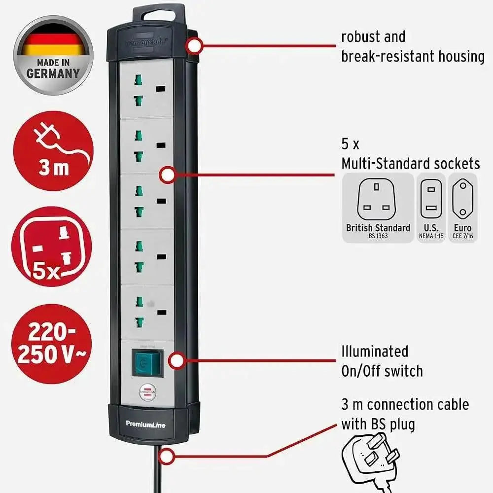 Brennenstuhl Premium Line 5-way Extension Cord 3m with 5 universal sockets, illuminated on/off switch, 3m BS plug cable, Made