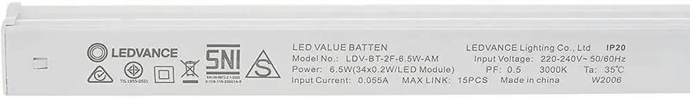 Ledvance 2ft LED Batten Light model LDV-BT-2F-6.5W-AM, 6.5W, warm white/daylight, side-label view