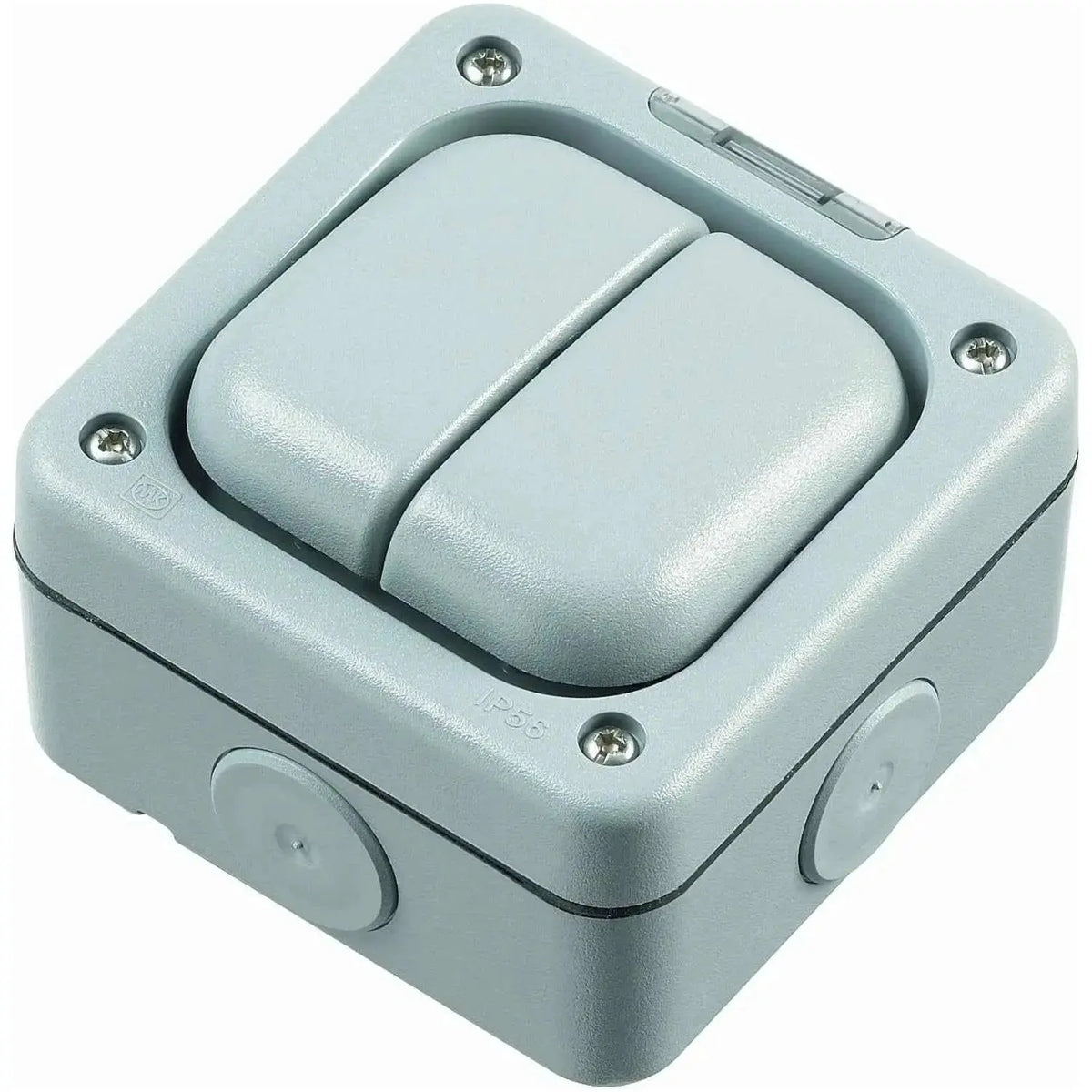 MK Electric Masterseal Plus K56402RY 10A 2-Gang single-pole 1-Way weatherproof switch, front view. UAE