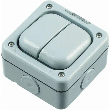 MK Electric Masterseal Plus K56402RY 10A 2-Gang single-pole 1-Way weatherproof switch, front view. UAE