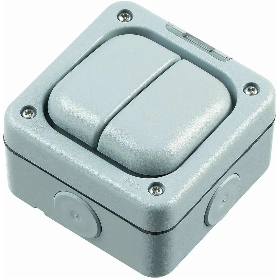 MK Electric Masterseal Plus K56402RY 10A 2-Gang single-pole 1-Way weatherproof switch, front view. UAE